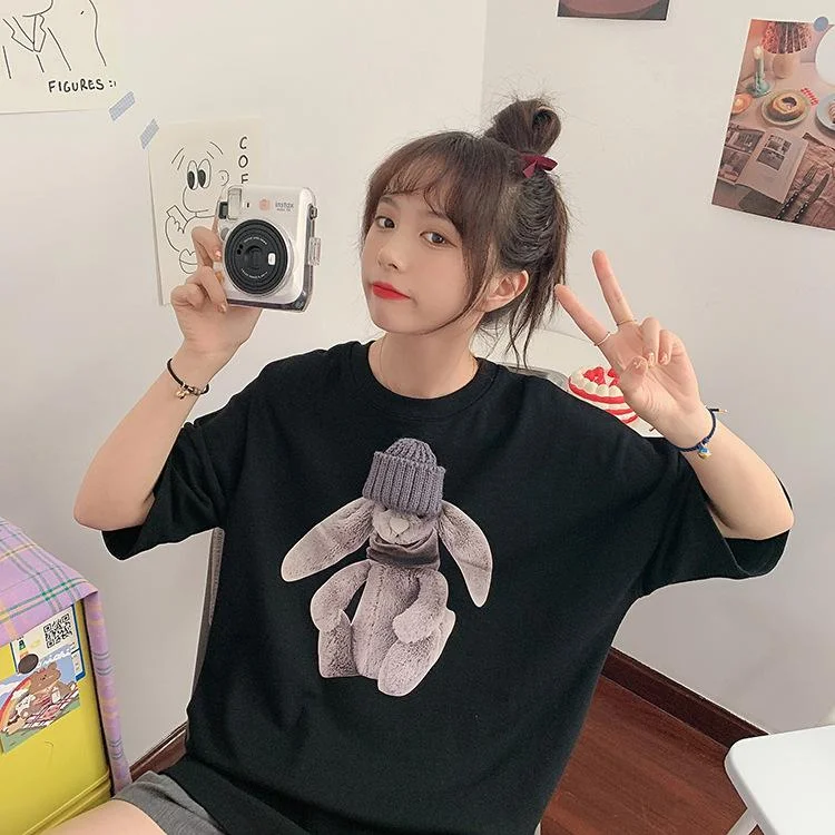 Korean Style Loose Crew Neck T Shirt Summer Top for Women 2021 Trend Clothes Harajuku Bear Short Sleeve Tees Girl Cute Pullover