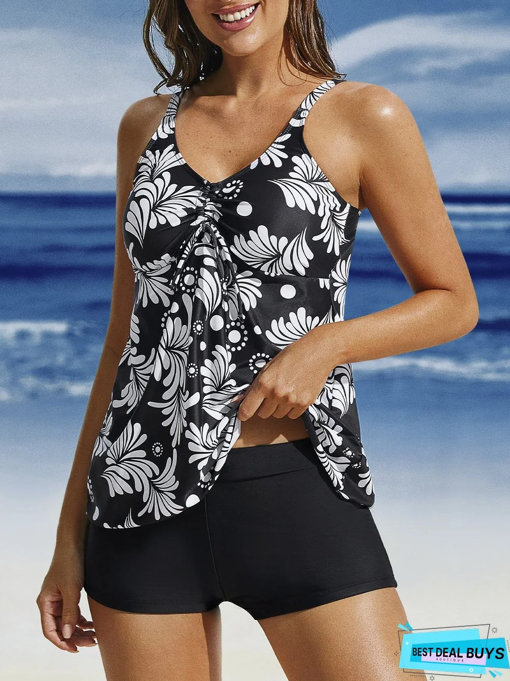 Vacation Printing Floral Scoop Neck Tankinis Two-Piece Set