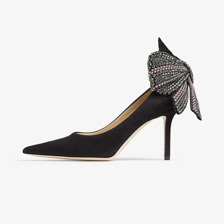 Women's Pointy Suede Pumps Elegant Rhinestones Bow Heel Party Shoes |FSJ Shoes