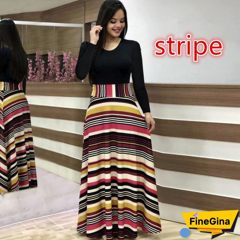 Women's Fashion Causal Dress Long Sleeve Printed Dress High Waist Long Dress Plus Size S-5XL