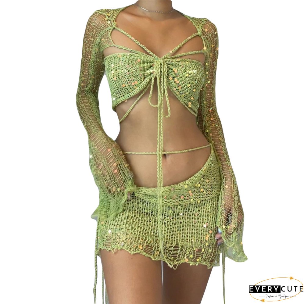 Women's Sequined Knitting Long Sleeve Three-Piece Skirt Set