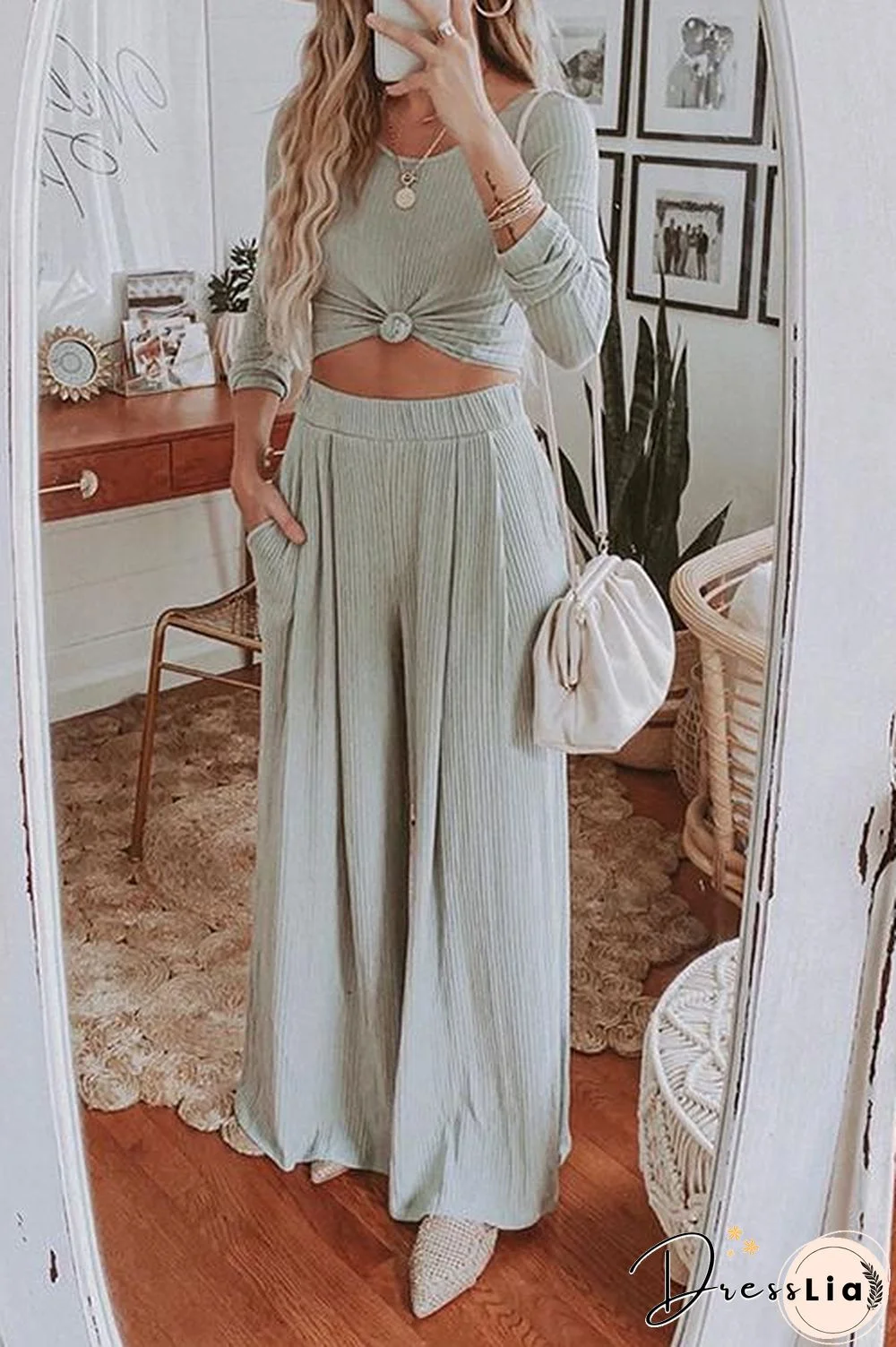 Solid Crop Wide Leg Pants Set