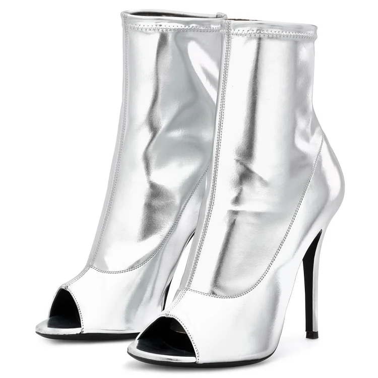 Silver Metallic Peep Toe Booties Stiletto Heels Ankle Boots |FSJ Shoes