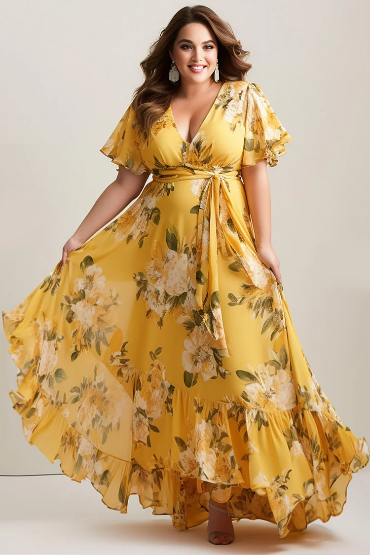 Flycurvy Plus Size Vacation Yellow Floral Print Flutter Sleeve Wrap Waist Tiered Maxi Dress  Flycurvy [product_label]
