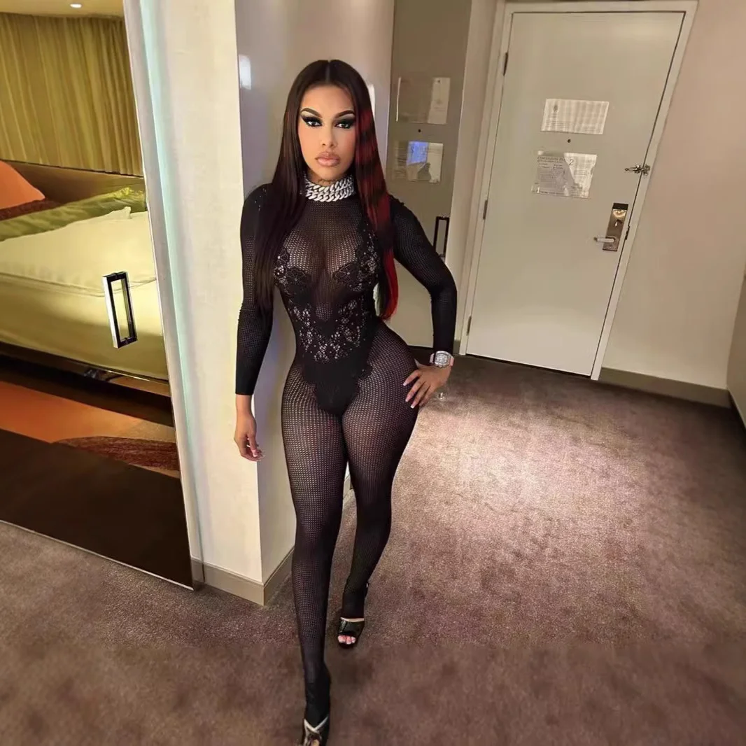 Uveng Uveng Solid-Color Round-Necked Bareback-Repair Sexy Perspective Long-Sleeved Knitting Trousers