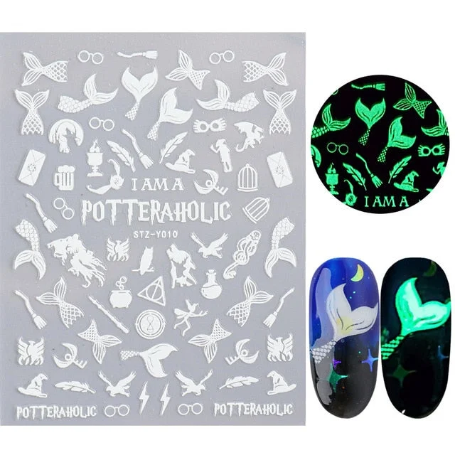 Nail Stickers Back Glue Fluorescent Light Christmas Snowflake Animal 3D Designs Nail Decal Decoration Tips For Beauty Salons