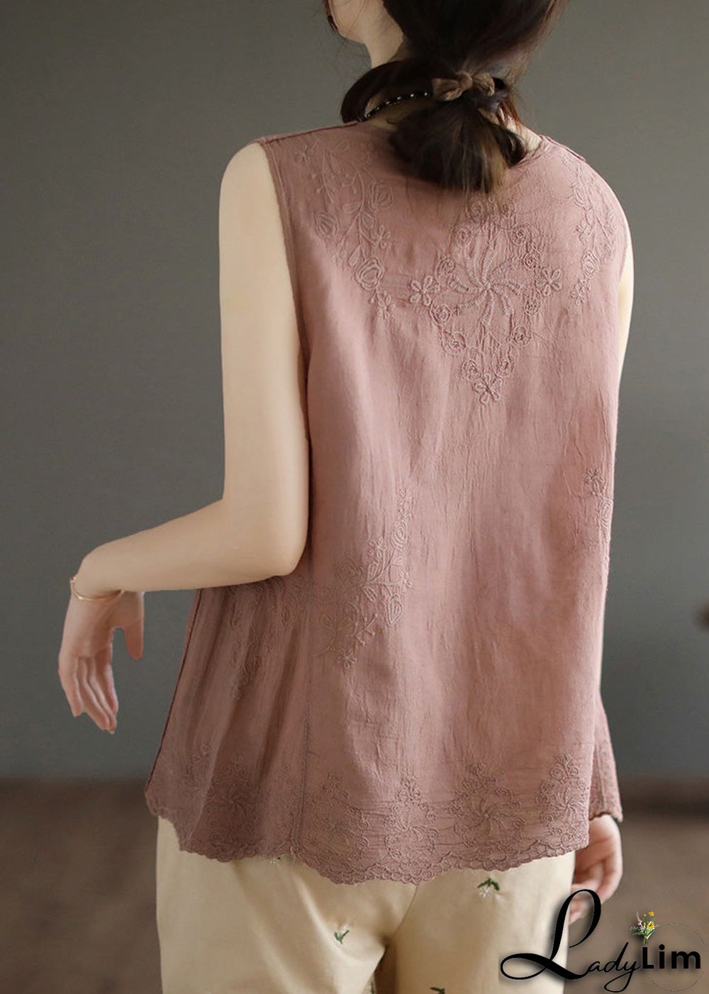 Skin Pink Embroideried Solid Cotton Vest Sleeveless