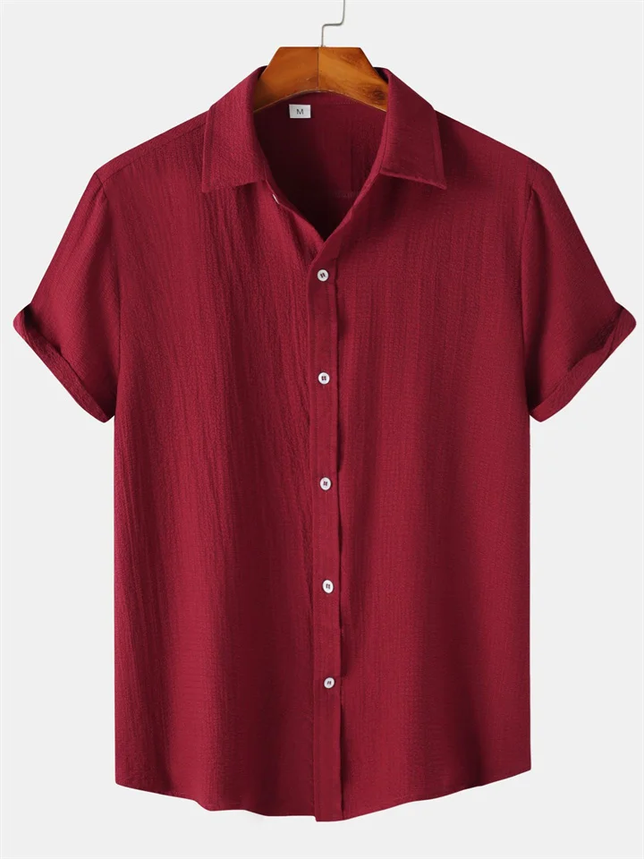 Men's Summer New Men's Short-sleeved Solid Color Men's Lapel Album Bright Line Pleated Shirt Tops-Hoverseek