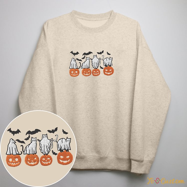 TOSCUSTOM™ Custom Sweatshirt Embroidery Online Ghost Pumpkin Cats Sweatshirt