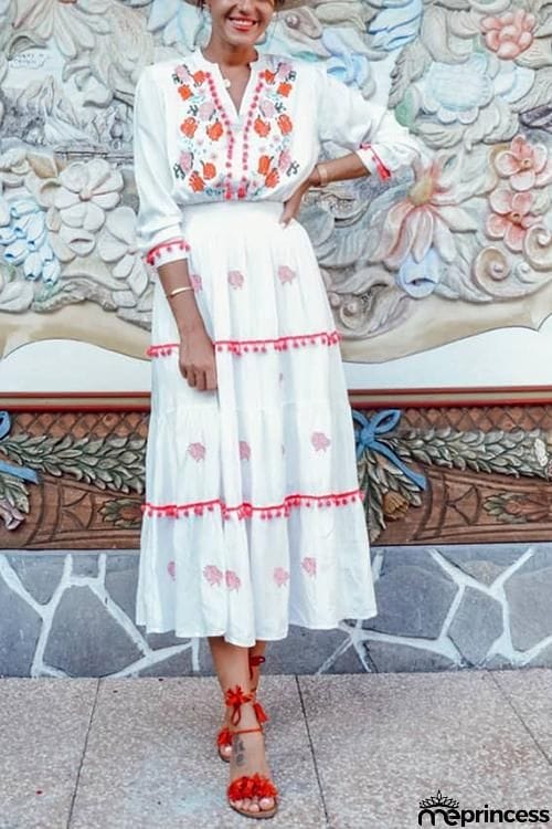 Embroidery Pom Pom Maxi Dress