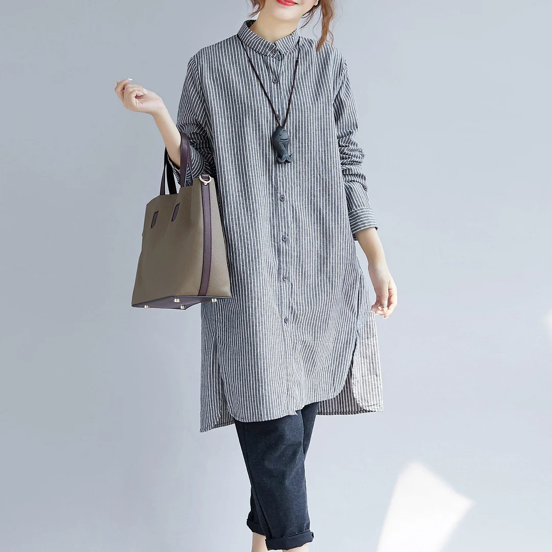 stylish gray striped cotton linen shirt dress trendy plus size shirt dress boutique long sleeve pockets Turn-down Collar patchwork natural cotton linen shirt dress