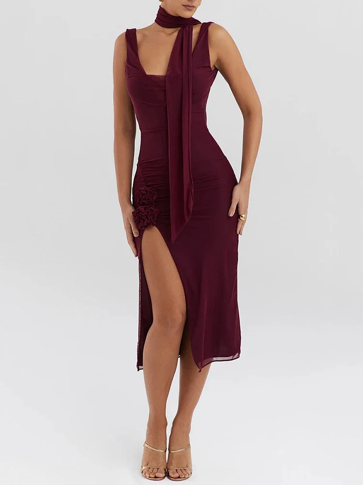 Toloer Burgundy Sleeveless Mesh Slit Drape Midi Dress-Outfit Ideas