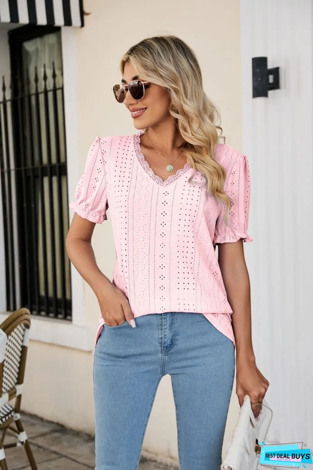 Eyelet Flounce Sleeve Scalloped V-Neck Top