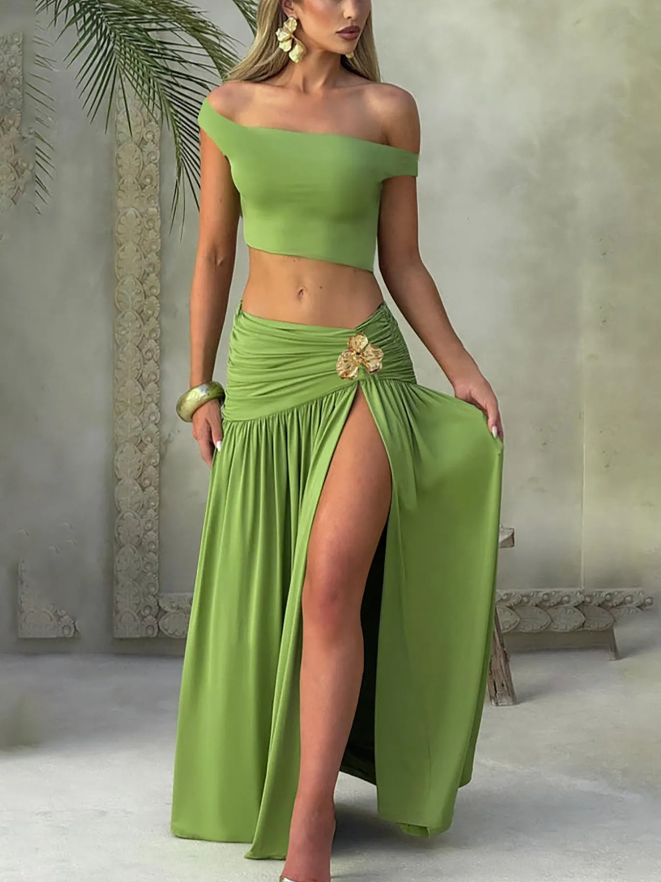 Women's Two-piece Solid Color One Shoulder Sleeveless Tank Top Bodycon Side Split Metal Flower Stitched Ruched Long Skirt Sets, Strapless Backless Irregular Hem Tube Tops with Pleated Slit Skirts, Womenswear Clothes Women's Two-piece Solid Color One Shoulder Sleeveless Tank Top Bodycon Side Split Metal Flower Stitched Ruched Long Skirt Sets, Strapless Backless Irregular Hem Tube Tops with Pleated Slit Skirts, Womenswear Clothes