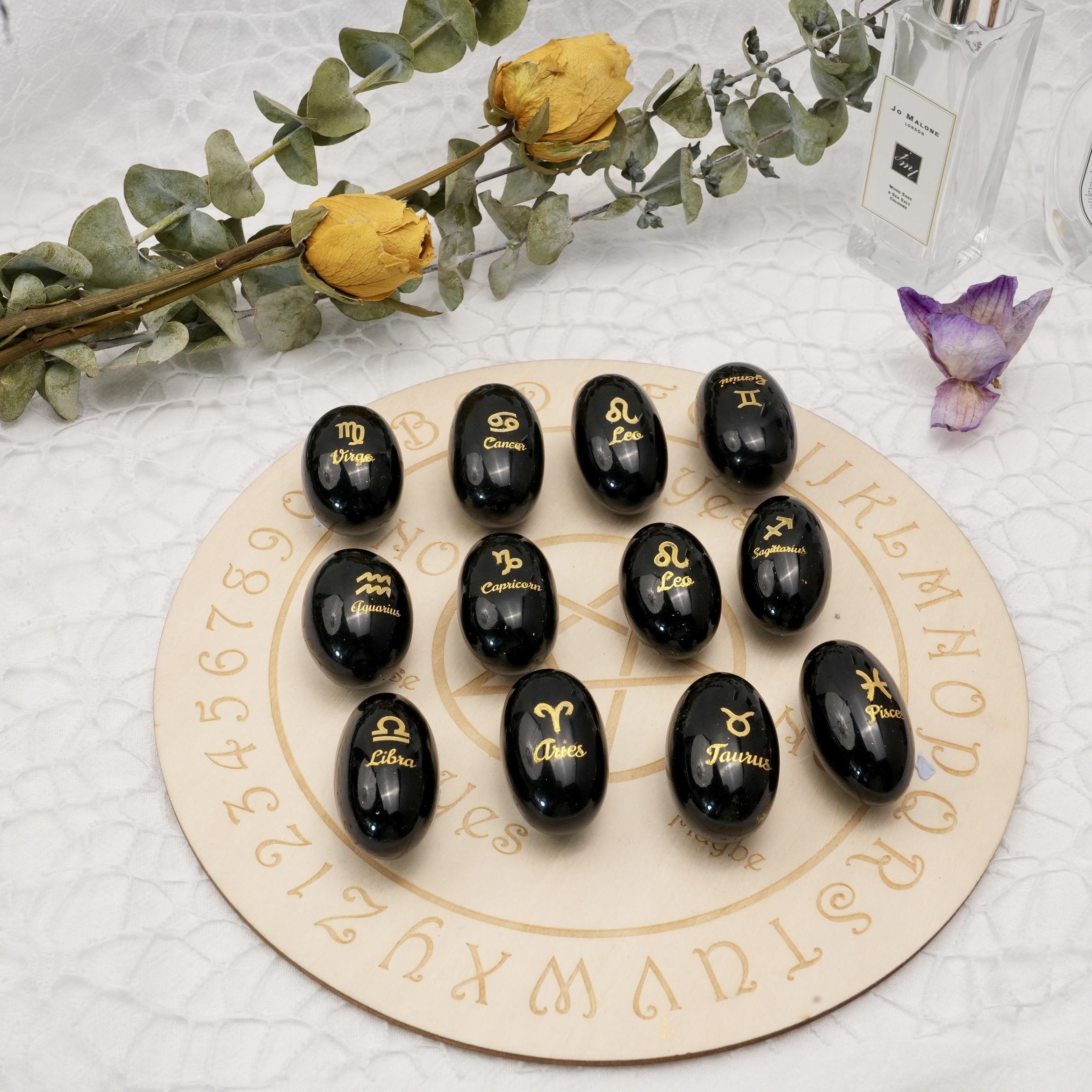 Black Obsidian Zodiac Engraved Tumbled Stones 1Set
