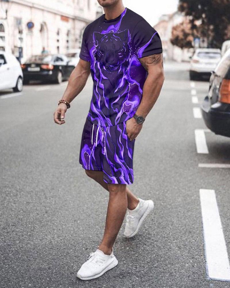 Men's Purple Tiger Abstract Printed  Shorts Suit