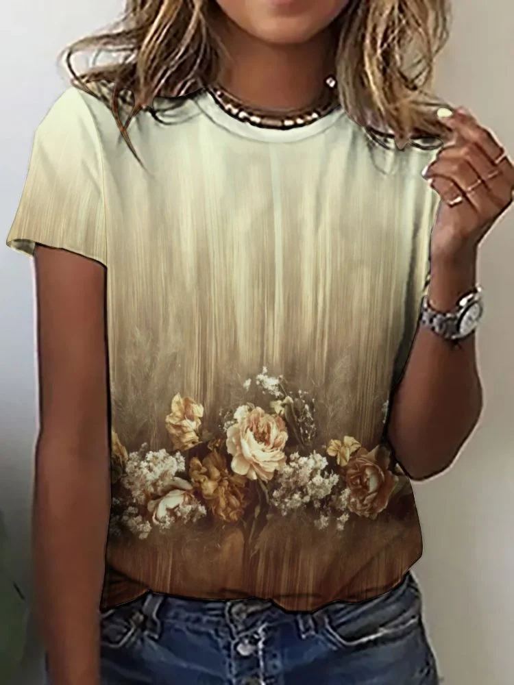 Printed Short Sleeve Casual T-shirt for  Women and Men Unisex Pattern Khaki, Floral, Striped