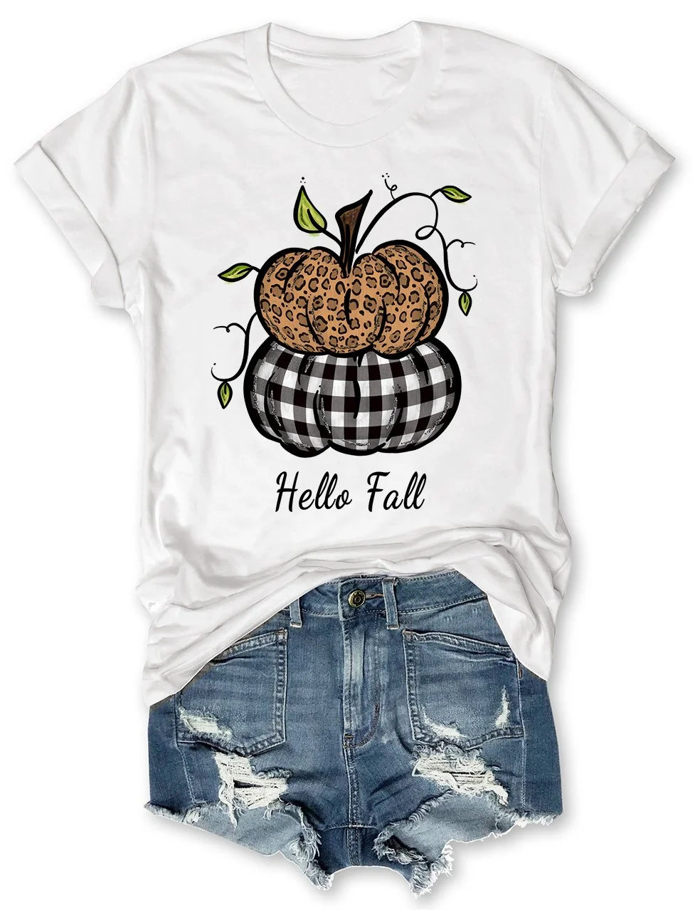 Monogrammed Leopard and Plaid Stacked Pumpkins Graphic Tee Shirt