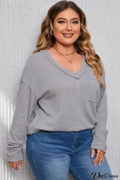 Plus Size Waffle-Knit V-Neck Dropped Shoulder T-Shirt