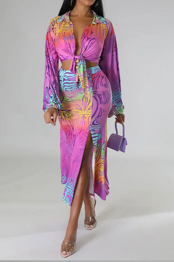 Ripple Print Gradient On-trend Lace-Up Dress Suit