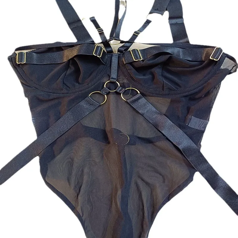 Churchf New Mesh Air Permeable Three-Point Strap Sexy Hollow Sex Dress Black Woman Tights