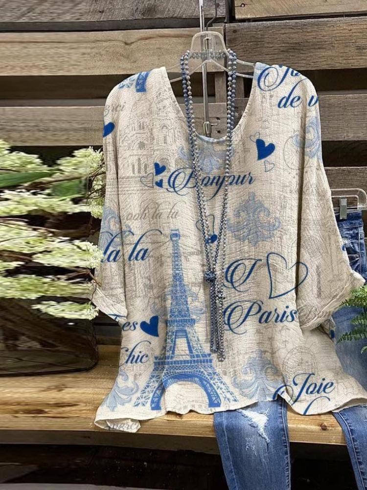 Women's Heart Pattern Eiffel Tower Printed Round Neck Half Sleeve T-Shirt 