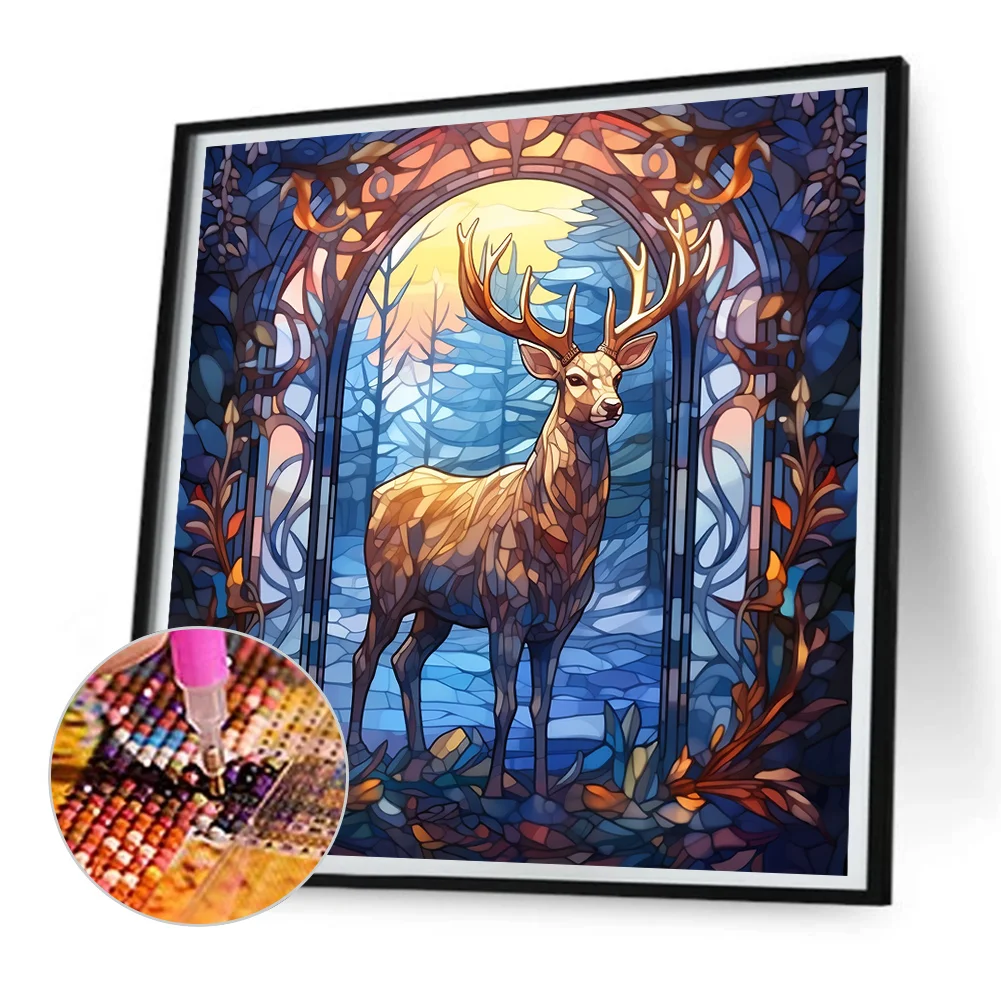 Diamond Painting - Full Round Drill - Stained Glass Xmas Elk(Canvas|30*30cm)