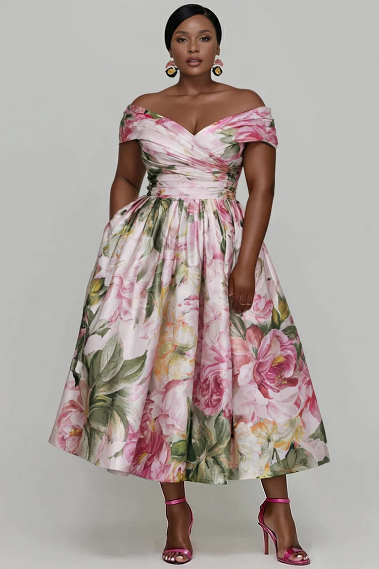 Xpluswear Design Plus Size Wedding Guest Pink Floral Off The Shoulder Cap Sleeve Pocket Fold Satin Midi Dresses [Pre-Order] 2024 - Xpluswear