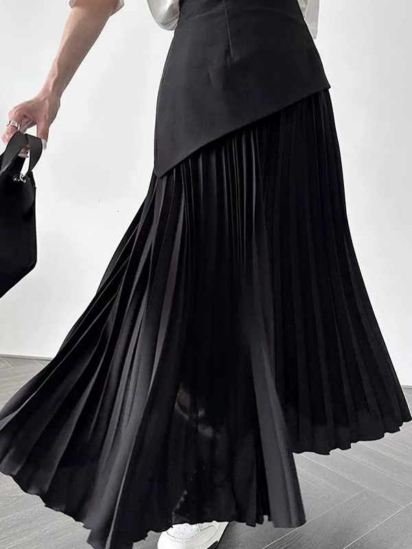 High Waist Patchwork Pleated Skirt