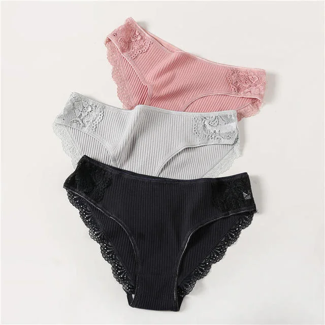 FINETOO 3PCS/Set Cotton Panties Women Underwear Sexy Panties Lace Brief for Female Panty Lingerie Low Waist Floral culotte femme