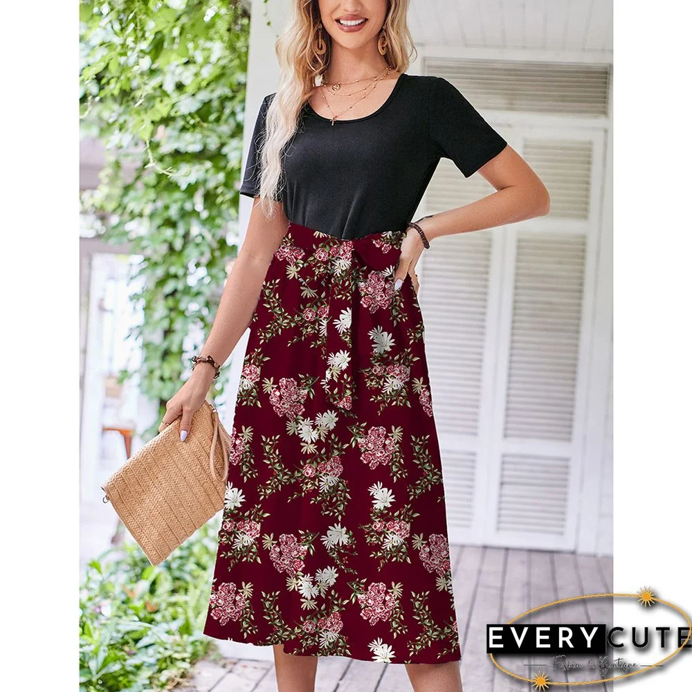 Burgundy Floral Print Spliced Short Sleeve Dress