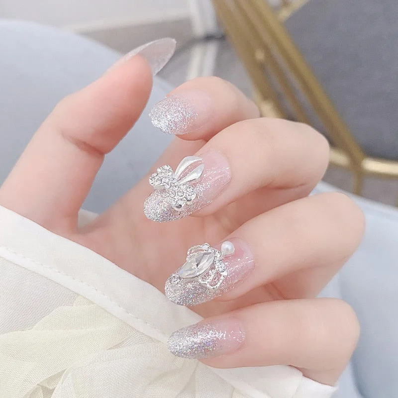 24pcs Women Wearable Full Cover Fake press on Nails Fresh Japanese Style Matcha Green with Shiny Rhinestone fake nails with gule-Nail Inspo