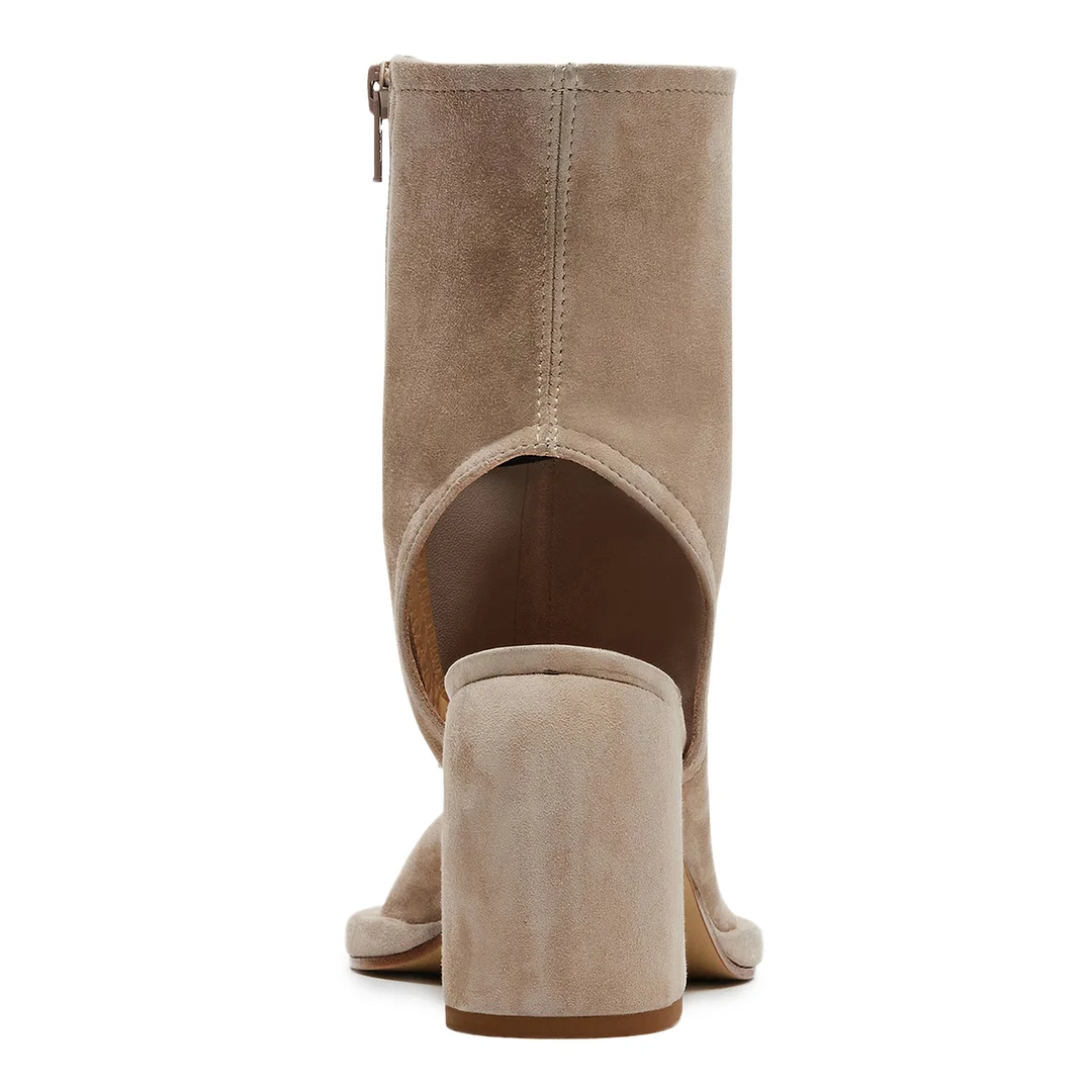 Beige Faux Suede Open Toe Cut-Out Side-Zip Ankle Boots for Women  