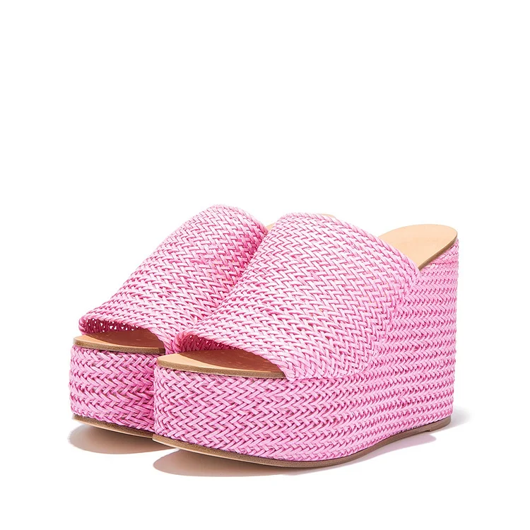 FSJ Pink Open Toe Woven Wedge Platform Mules Sandals |FSJ Shoes