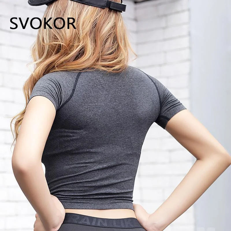 SVOKOR Sport Crop Top Women Seamless Short Sleeve T Shirts Fitness Elastic Tight O-Neck Athletic Active Wear Solid Bodycon