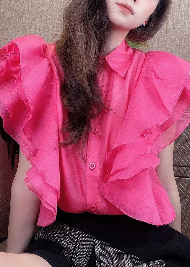 5.30Simple Rose Peter Pan Collar Ruffled Patchwork Silk Shirt Top Summer