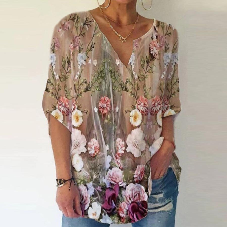 Loose V-neck Floral Print Short Sleeve T-shirt