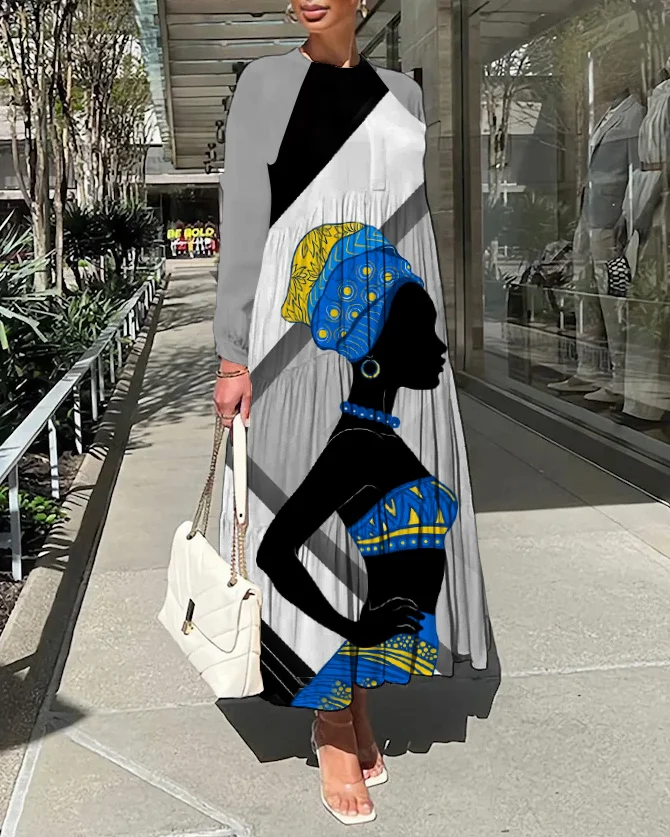 African Girl Geometric Print Long Sleeve Casual Dress