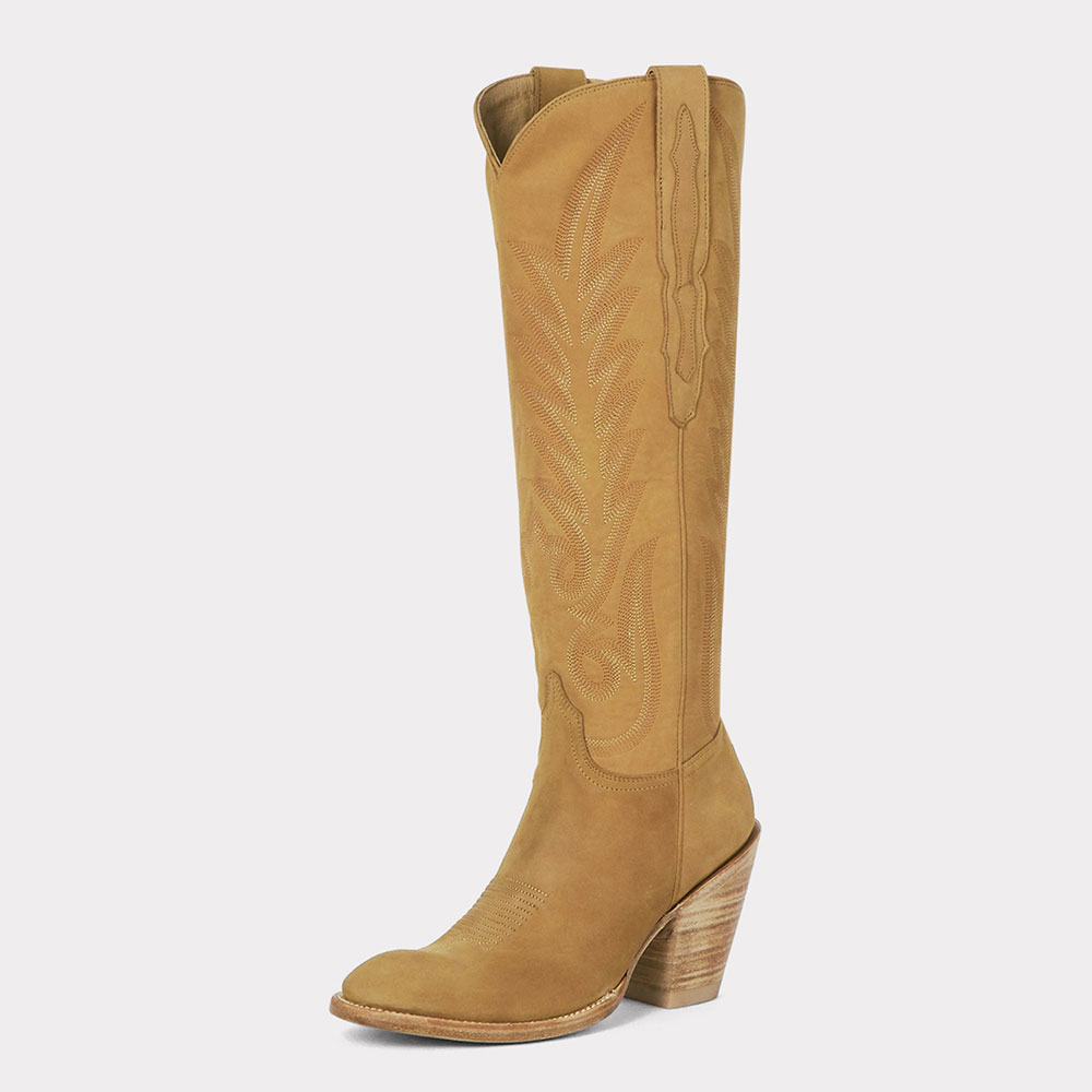 Tan Block Heel Embroidered Side Zipper Snip Toe Cowgirl Boots Nicepairs