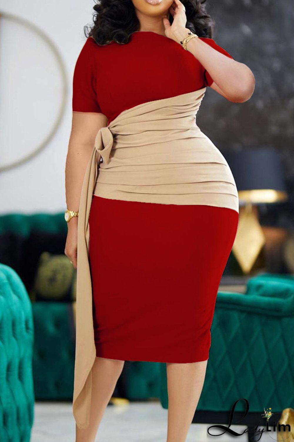 Rose Red Casual Solid Bandage Patchwork Fold Asymmetrical Collar One Step Skirt Dresses