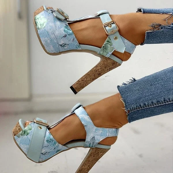 Flower Print Peep Toe Platform Chunky Heels