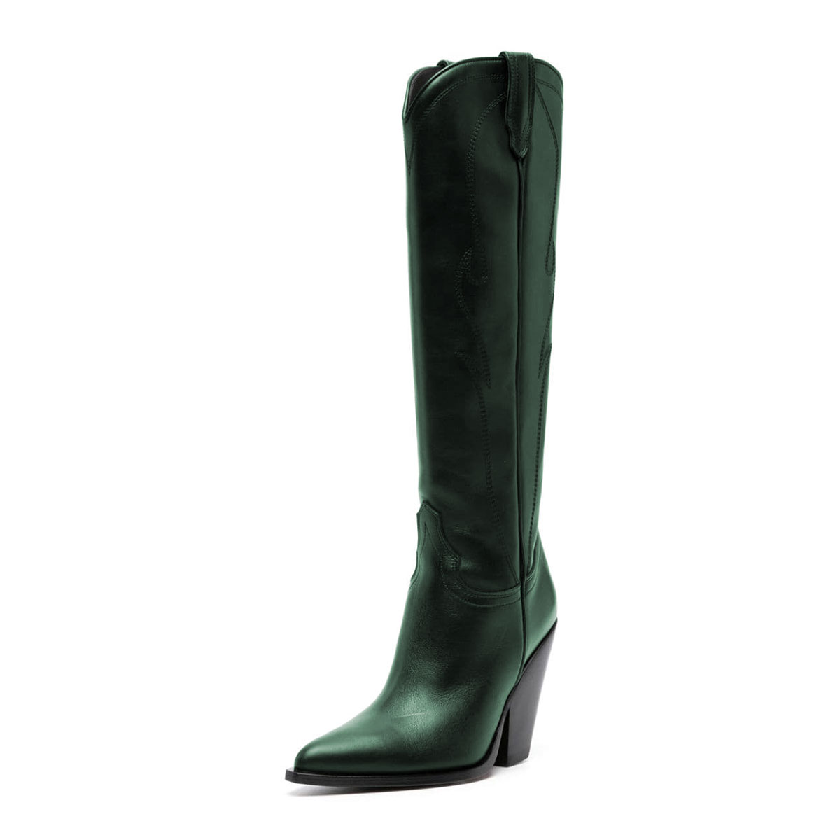 Green Stitching Pointed Toe Chunky Heel Knee-High Cowgirl Boots Nicepairs