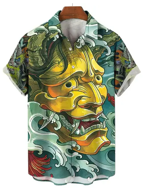 Yellow Oni Mask and Ocean Waves Button-Up Shirt PLUSCLOTHESMAN