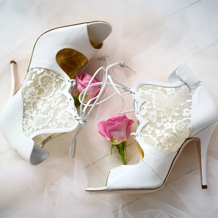 White Lace Peep Toe Wedding Shoes Lace Up Stiletto Heel Ankle Boots |FSJ Shoes