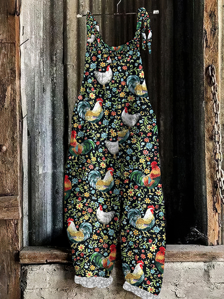 Comstylish Roosters & Blooming Flowers Multicoloured Floral Print Loose Casual Jumpsuit