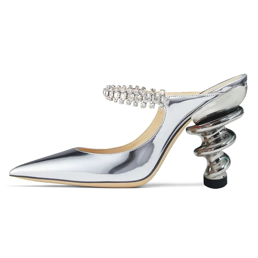 Silver Patent Leather Sculptural Heel Rhinestone Strap Mules Shoes