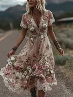 Women's Vintage Pink Rose Art Casual Maxi Dress