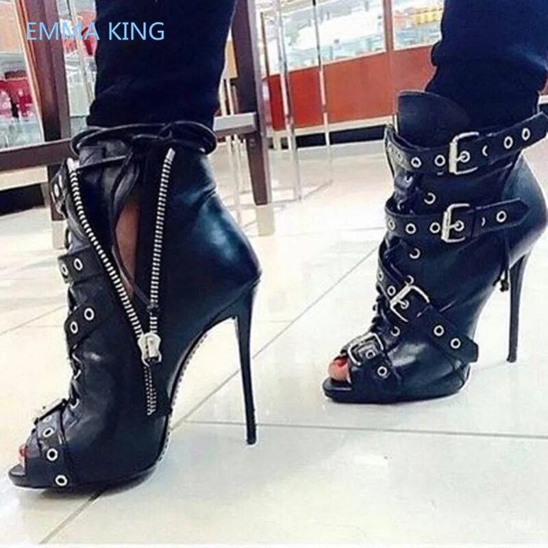 VCSHOES Buckle Rivets Women Punk Boots Peep Toe Black Leather High Heels Ladies Gothic Shoes Woman Runway Ankle Boots