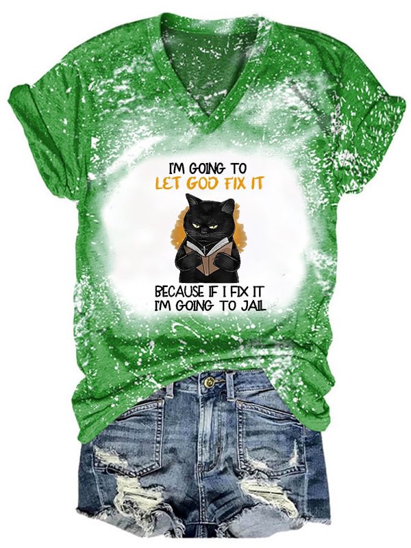 Short Sleeve V Neck Gradient Im Going To Let God Fix It Cat Letter Printed T-shirt