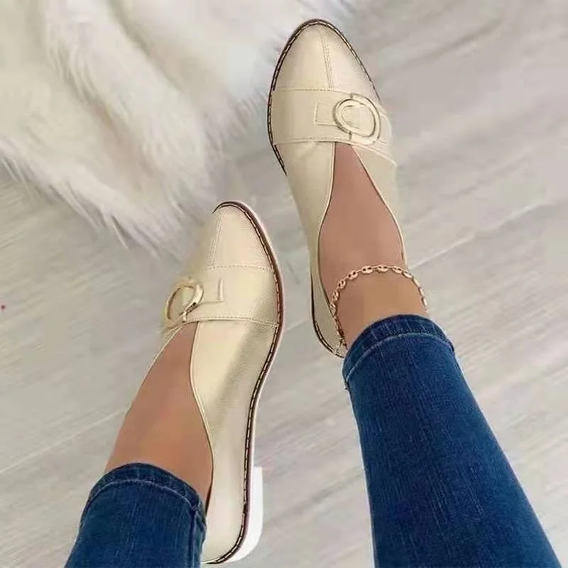 European American large size women's shoes autumn 2021 new style ladies pointed casual shallow mouth metal buckle single shoes